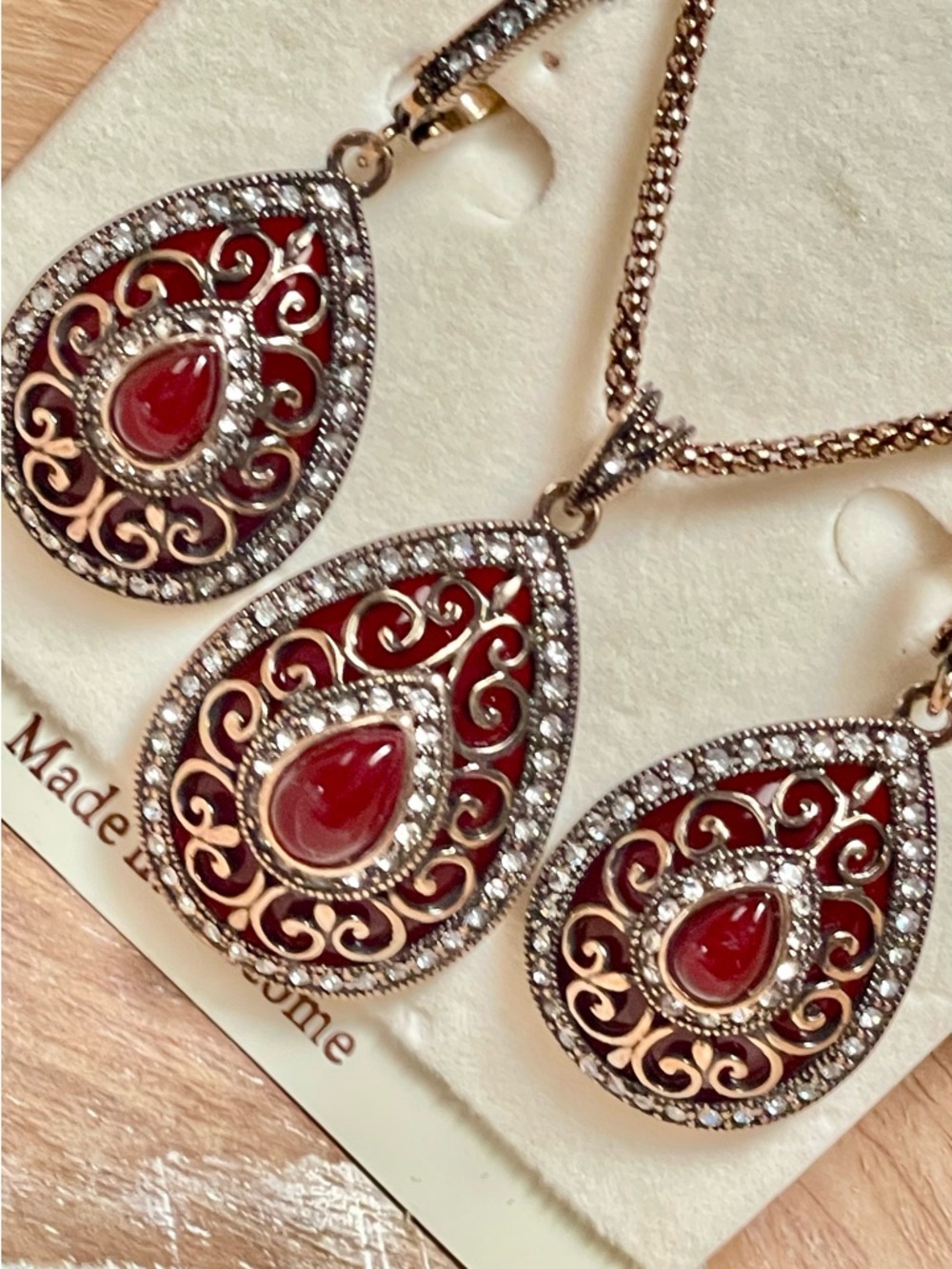 Burgundy Teardrop Filigree Pendant Necklace and Earrings Set w Crystal Accents